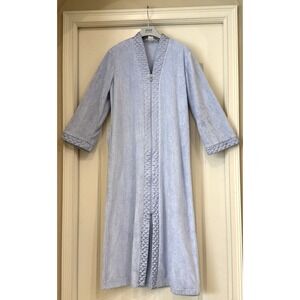 Diamond Tea Robe Caftan Blue Purple Velour Size M Zip Front Full Length Cozy